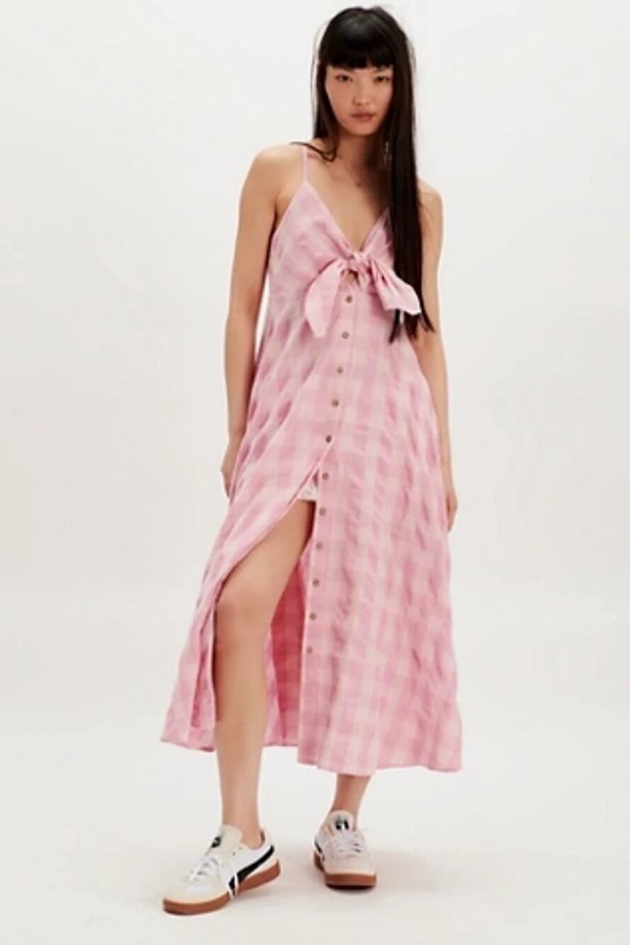 New Free People Via Midi Dress $128 SMALL Blush Pink Combo Plaid Front Tie